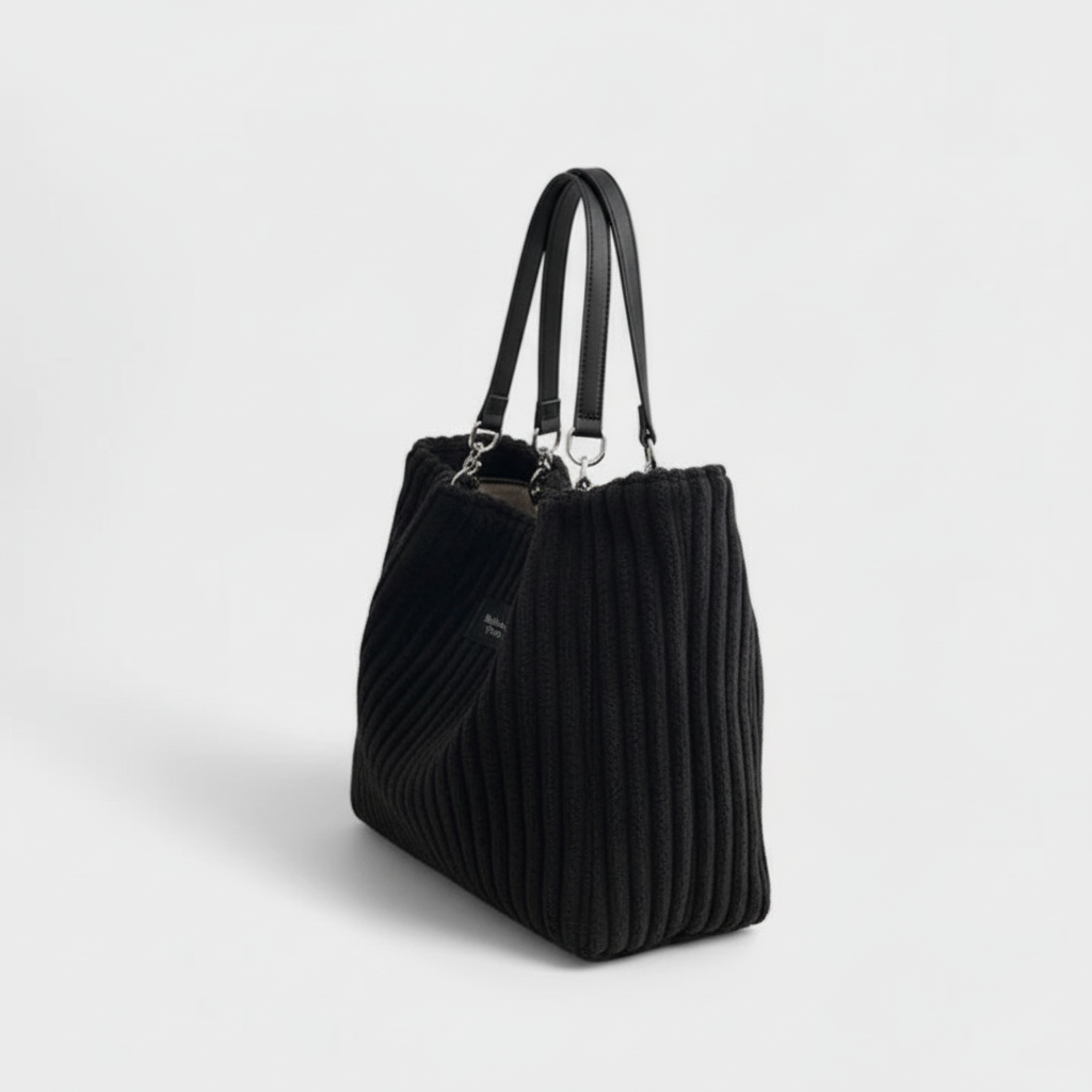 Side view of black quilted tote bag