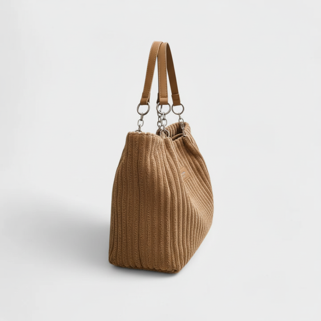 Side view of brown quilted tote bag