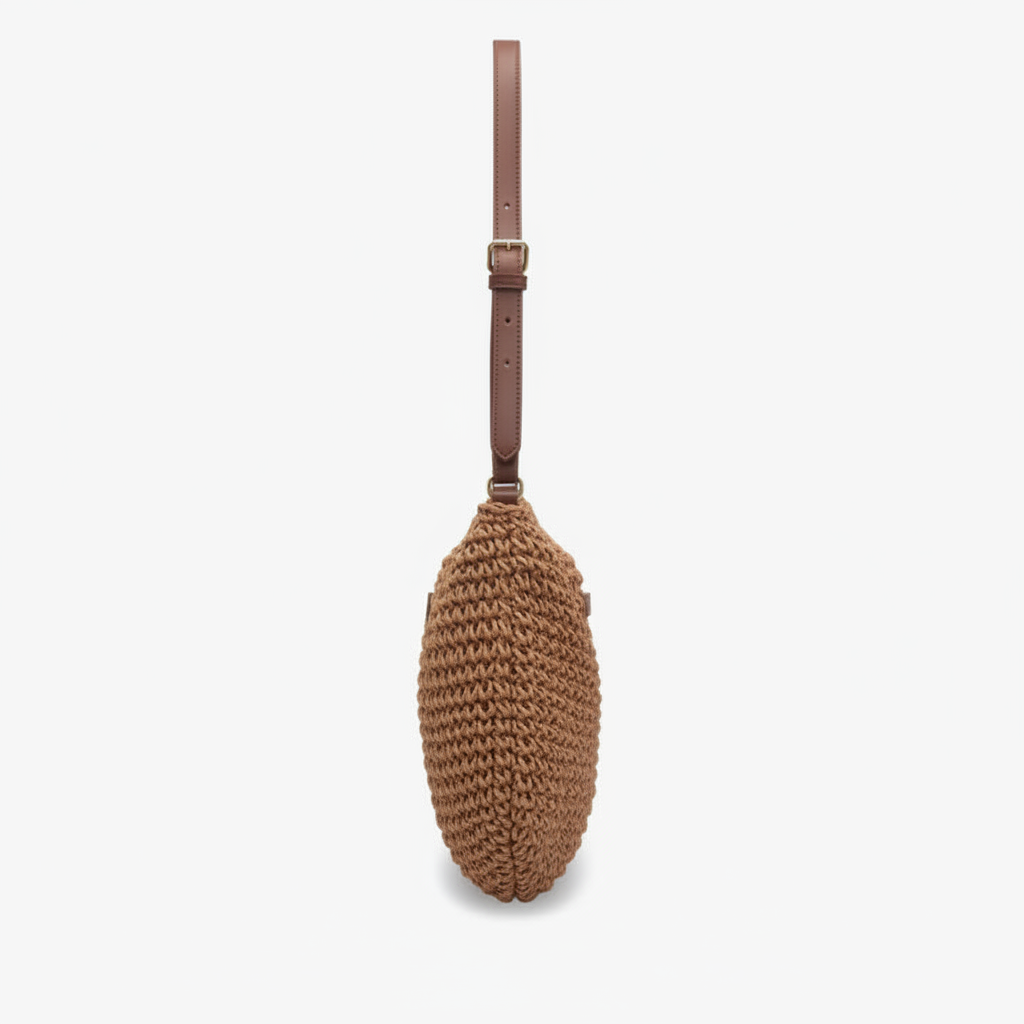 Side view of brown woven straw bag