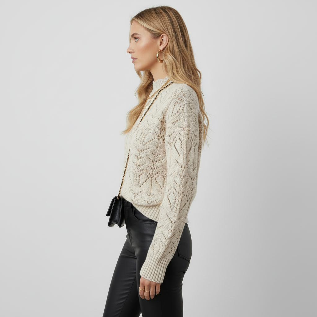Side view of cream crochet sweater