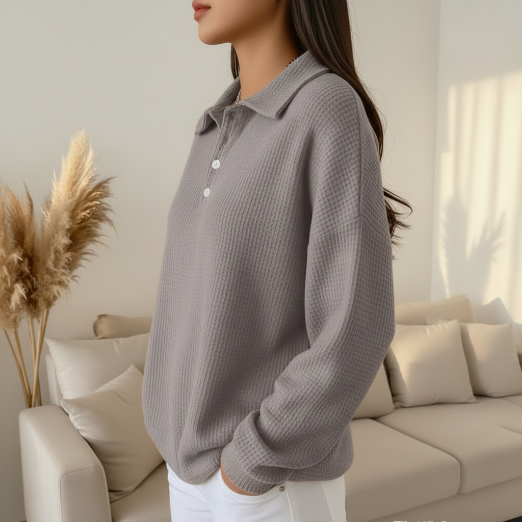 Side view of gray polo sweater