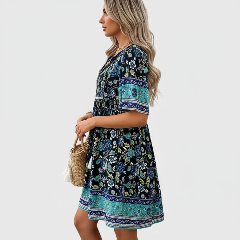 Side view of navy blue bohemian dress