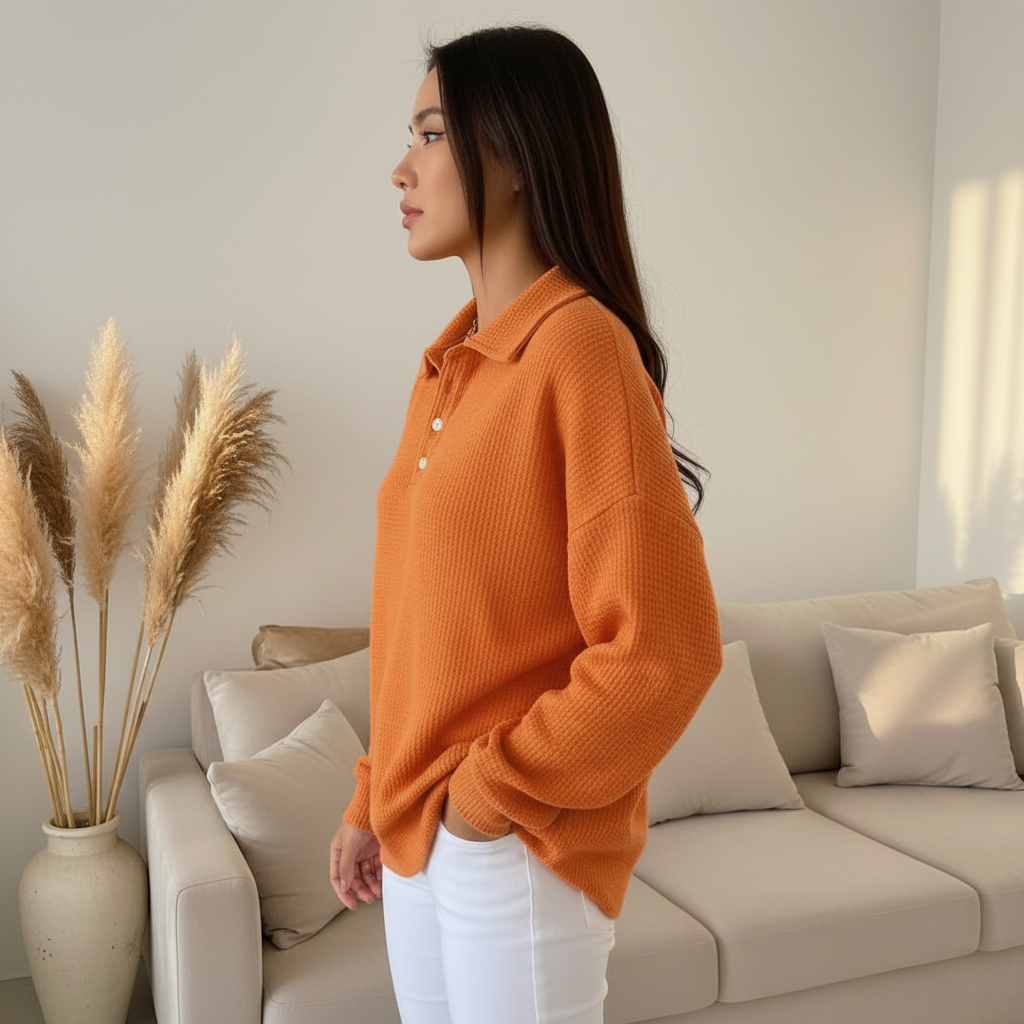 Side view of orange polo sweater