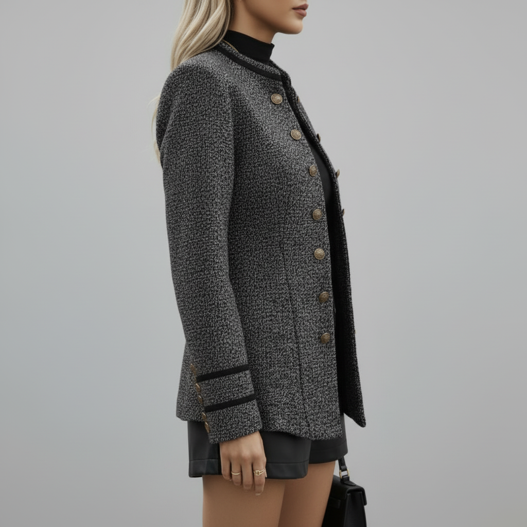 Side view of textured tweed blazer