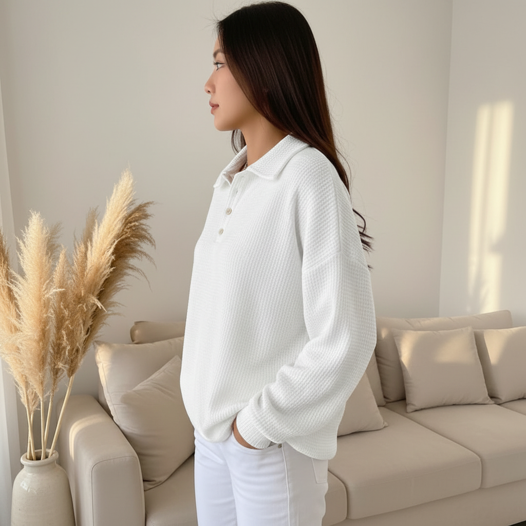 Side view of white polo sweater