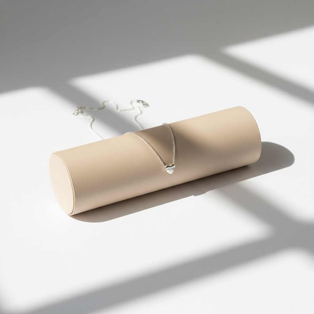 Silver heart necklace on roll