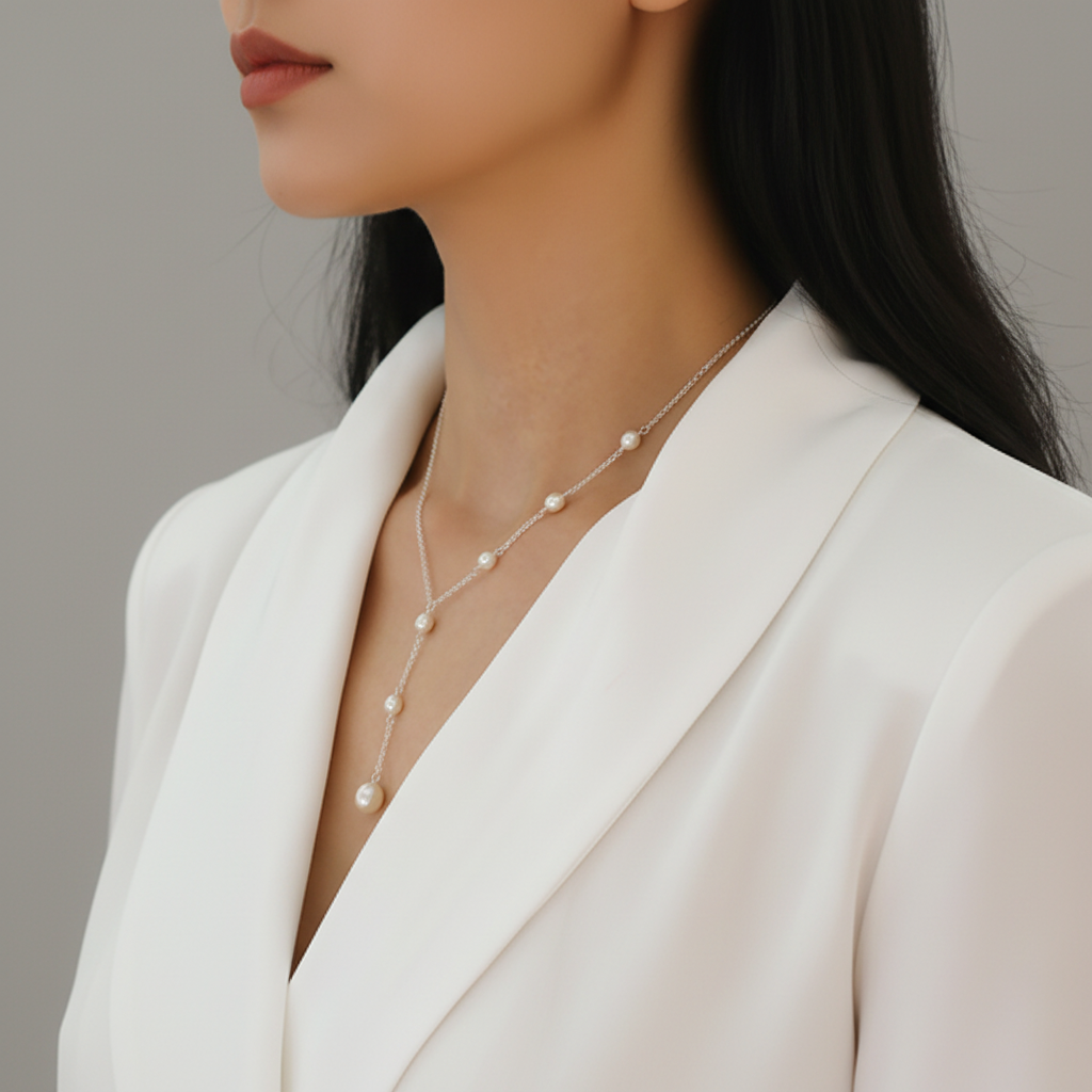 Silver pearl Y-necklace side view