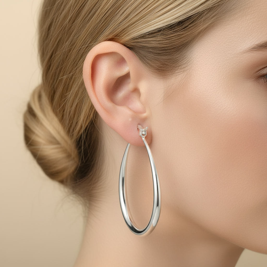 Silver teardrop hoop earrings close-up
