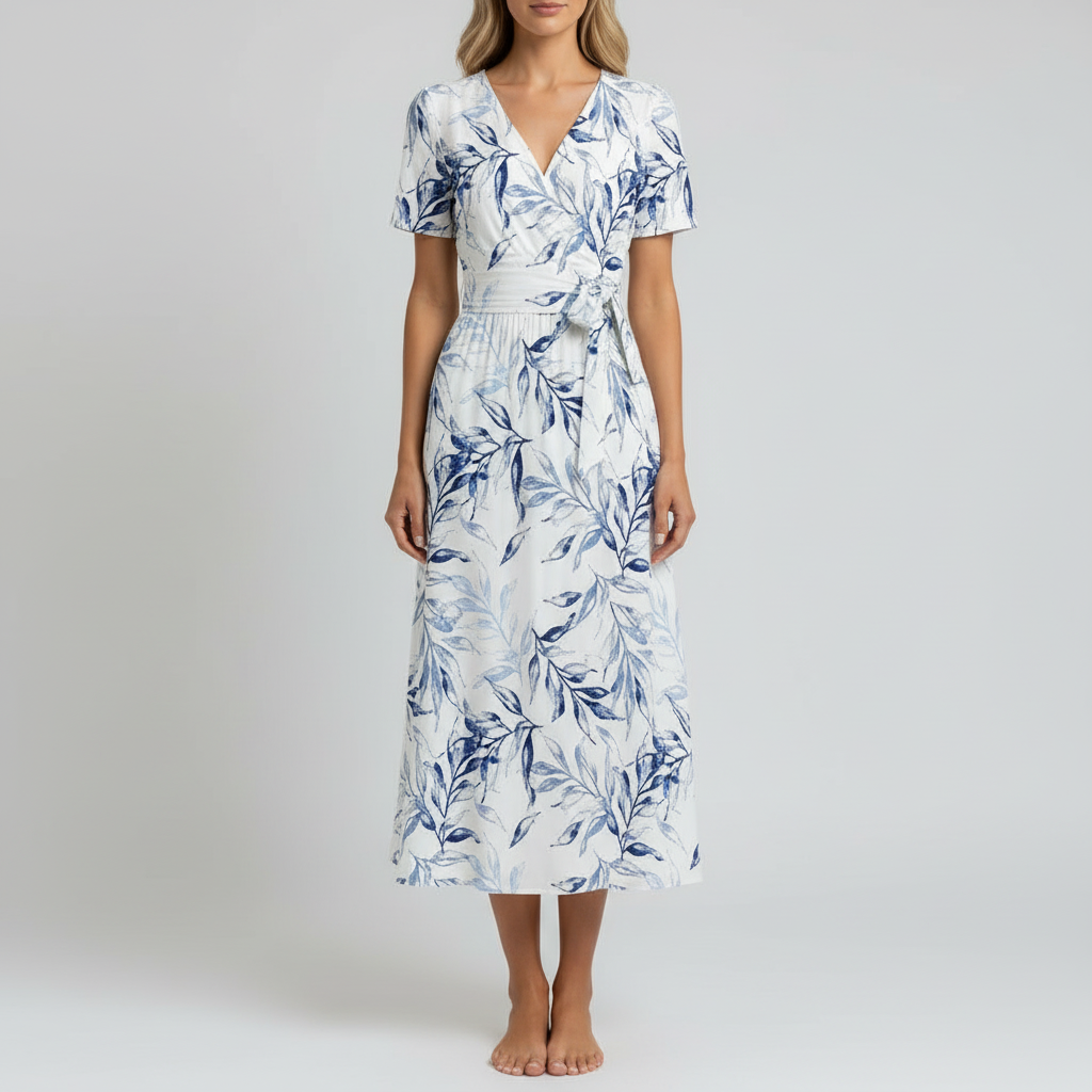 Square studio shot of botanical print dress