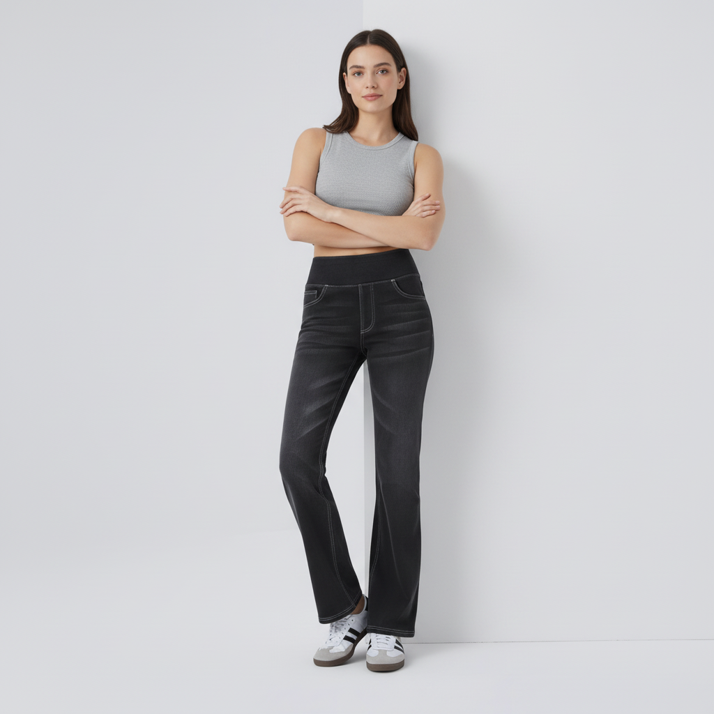 Studio pose 3 – Black flare jeans