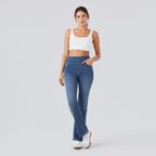 Studio pose 3 – Blue denim flare jeans