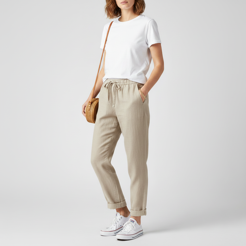 Studio pose – Beige relaxed trousers