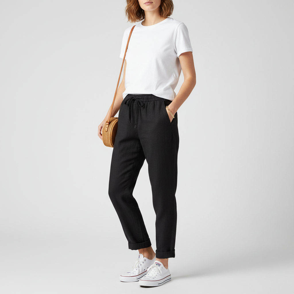 Studio pose – Black relaxed trousers