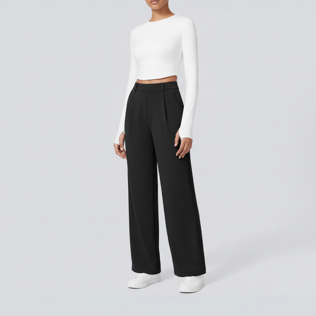Studio pose – Black wide-leg trousers