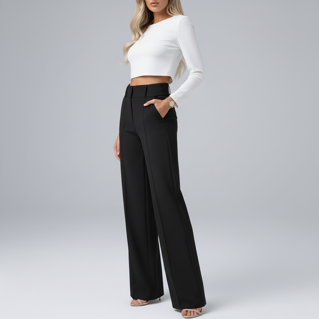 Studio pose – Black wide-leg trousers