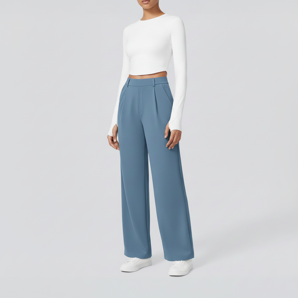 Studio pose – Light blue wide-leg trousers