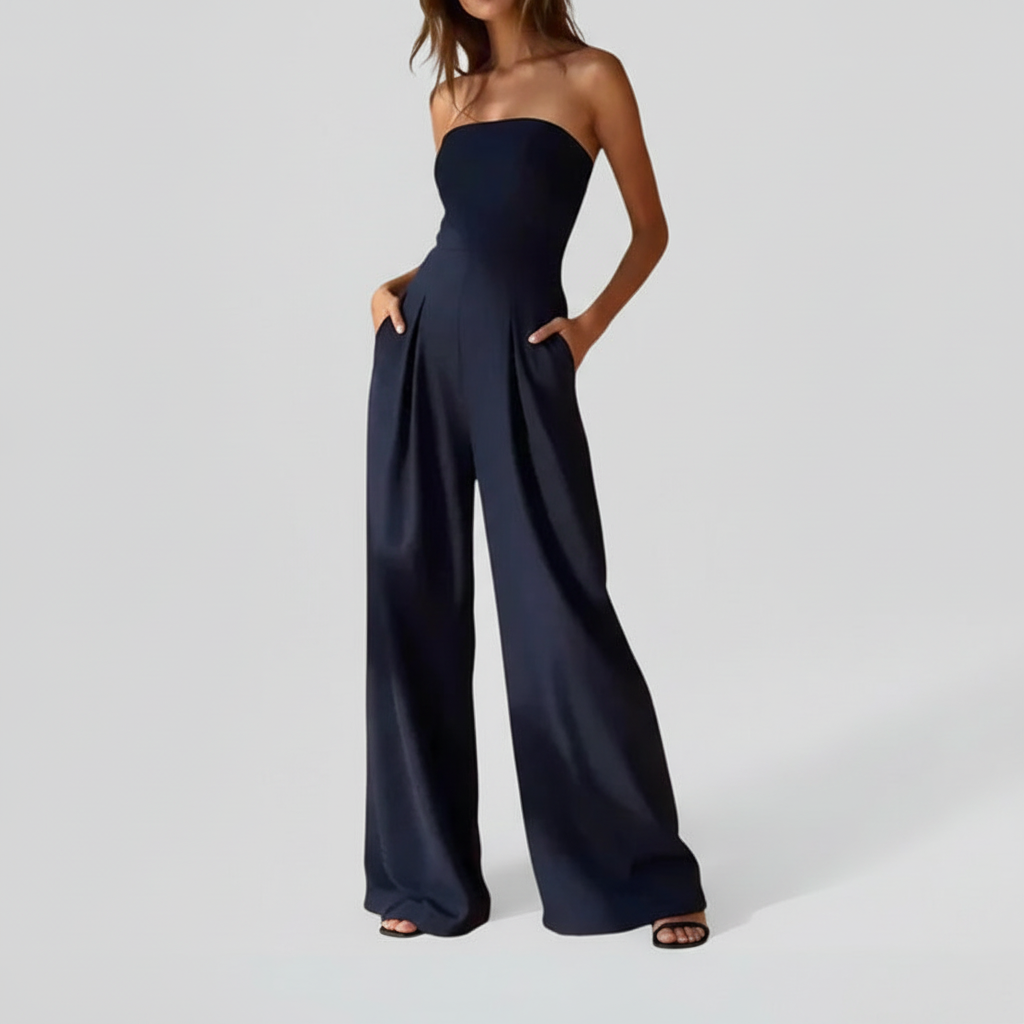 Studio product shot of navy blue jumpsuit