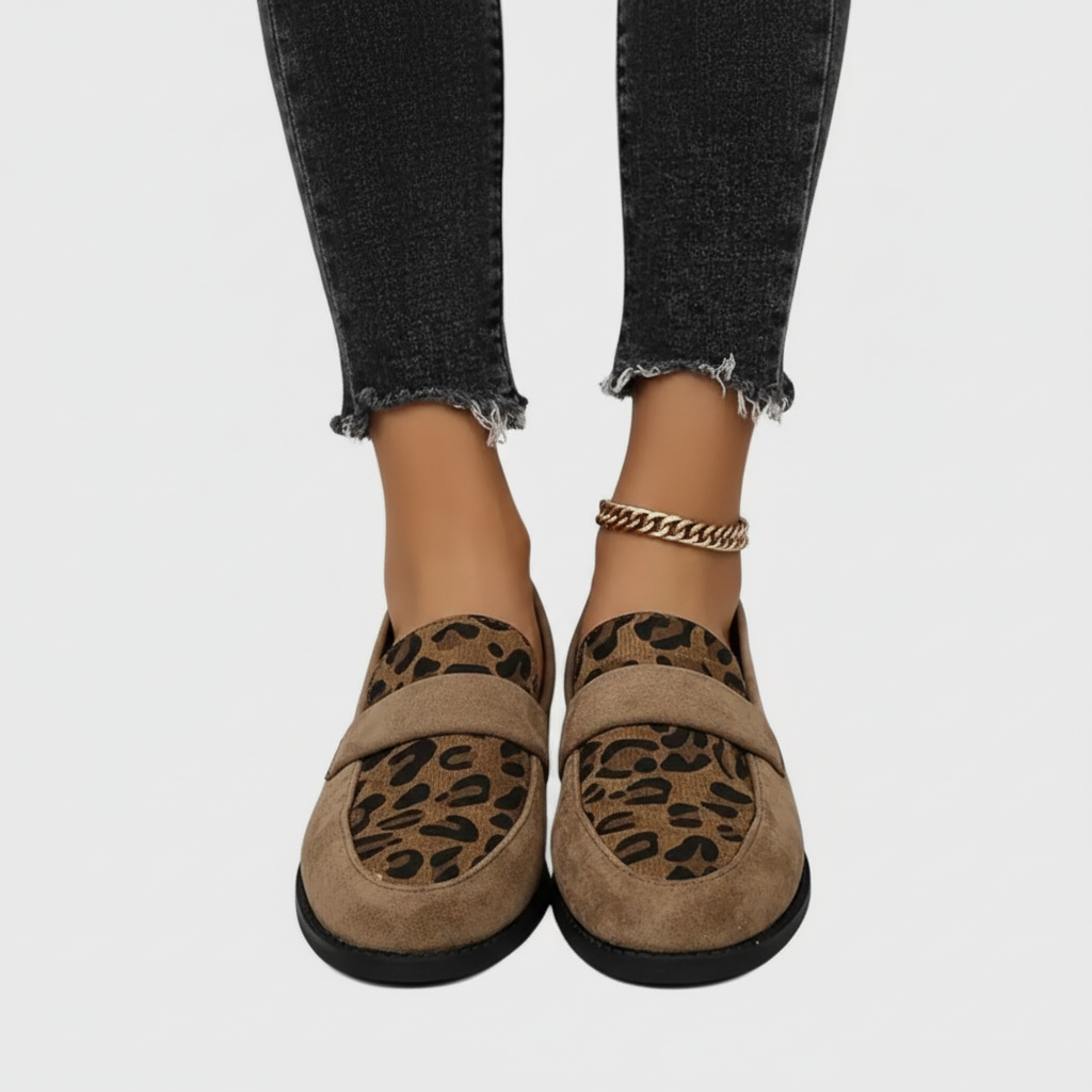 Taupe leopard print loafers front view