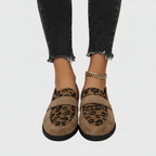 Taupe leopard print loafers front view