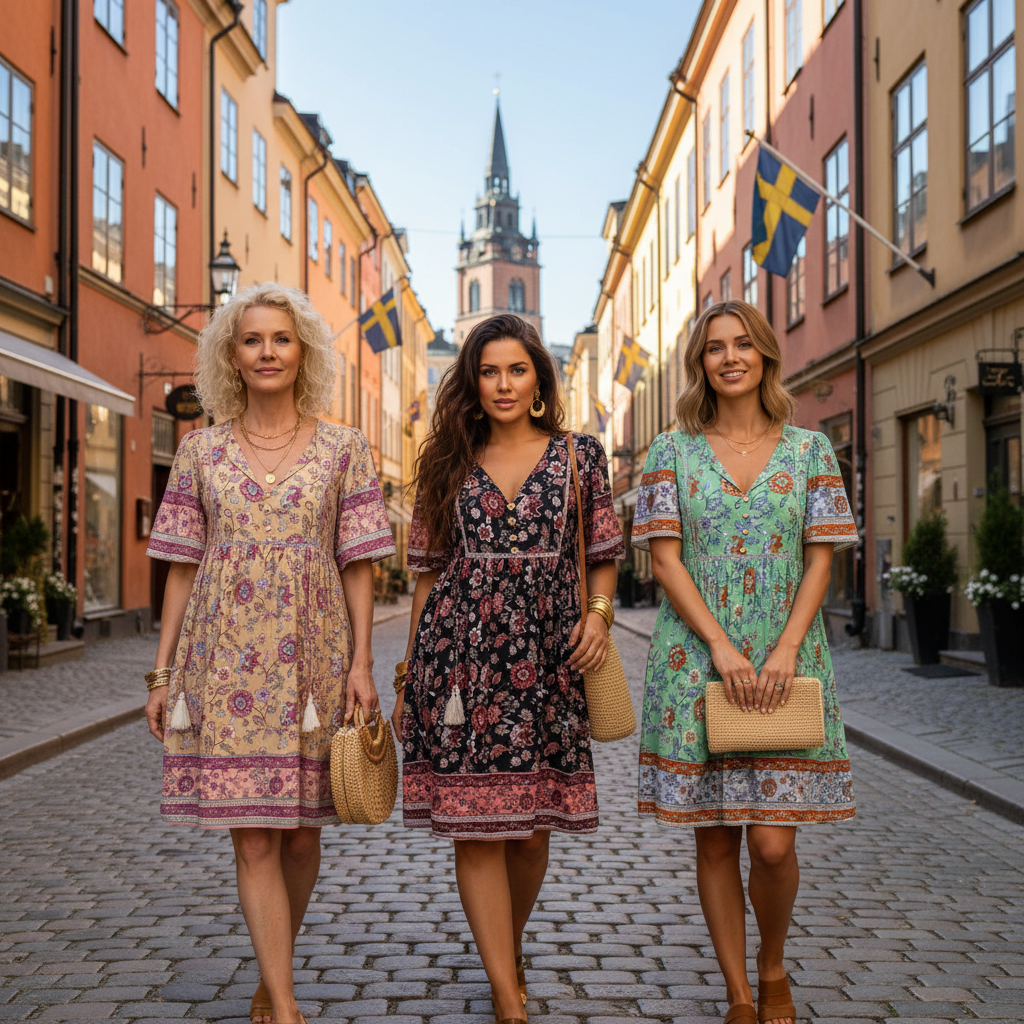 Three different women in beige, black, and green bohemian dresses on Stockholm street