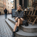 Tweed blazer - sitting on cafe steps