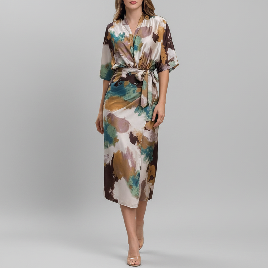 Watercolor print dress studio shot - front view