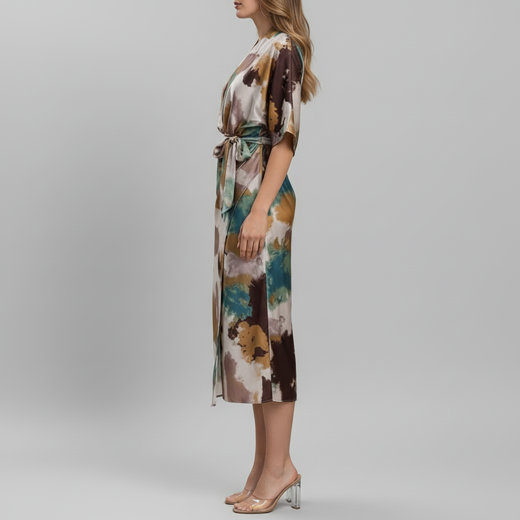 Watercolor print dress studio shot - side view