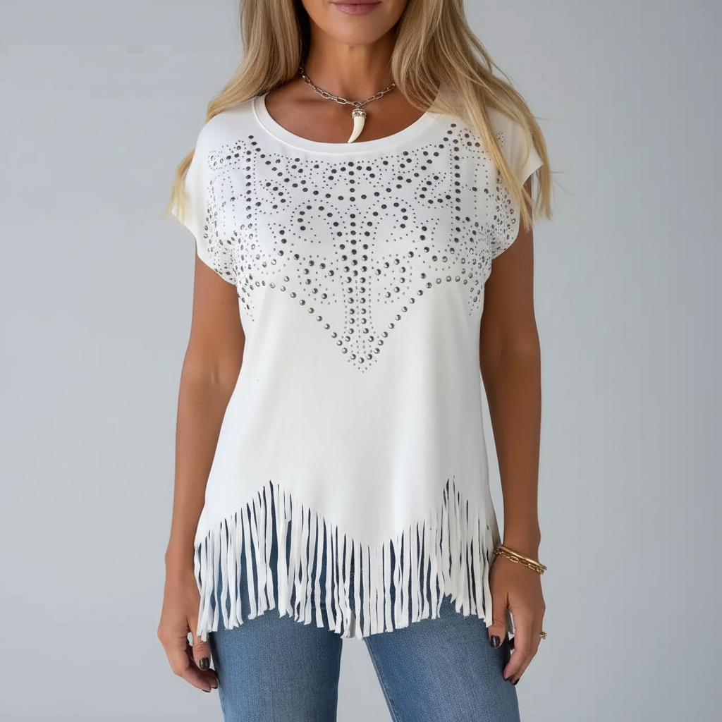 White embellished fringe top studio shot
