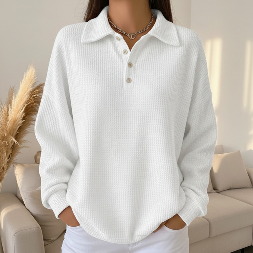 White knit polo sweater detail shot