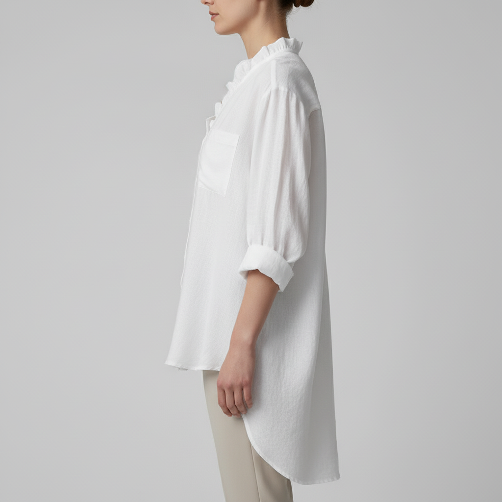White Linen Ruffle Blouse — Left Side View