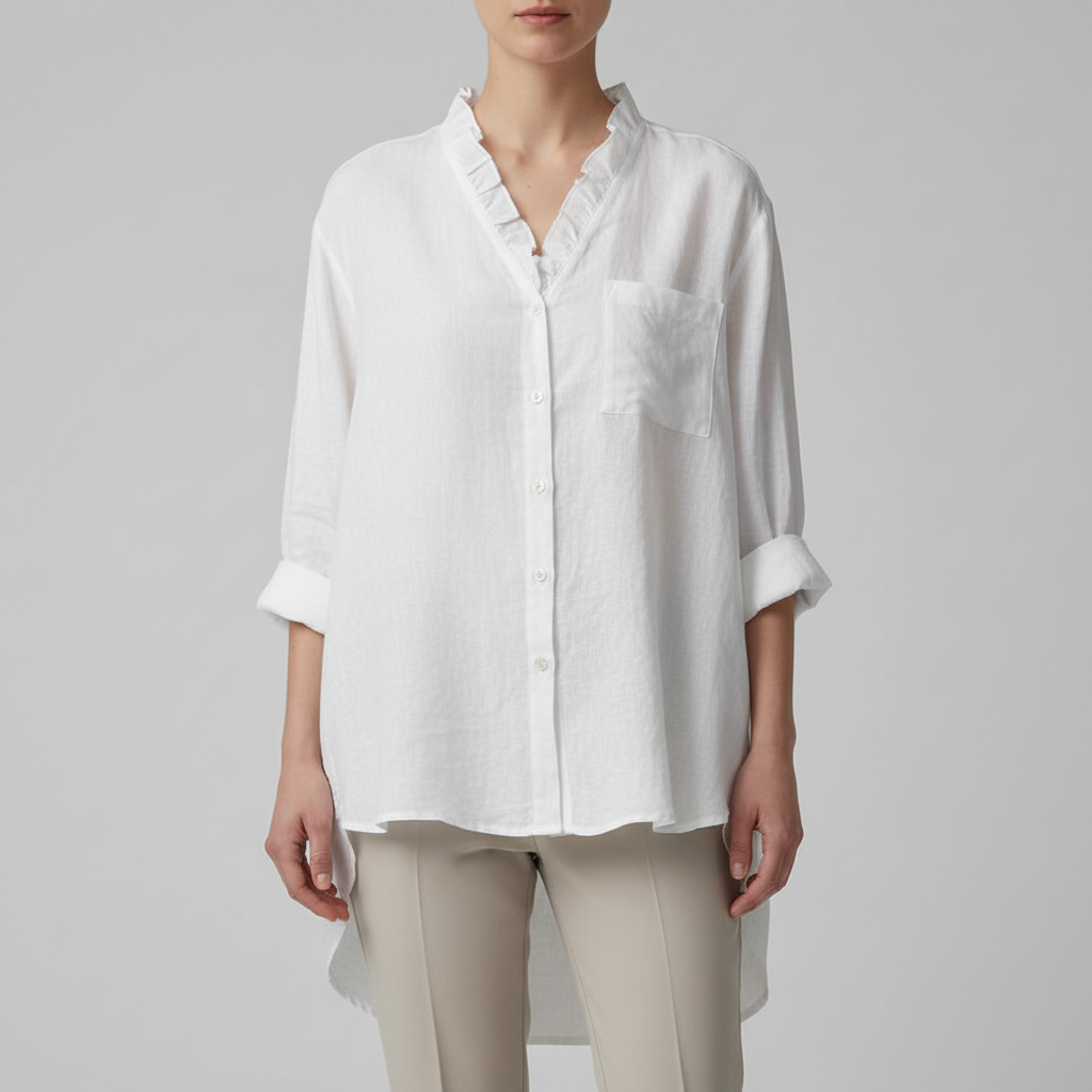 White Linen Ruffle Blouse — Studio Shot