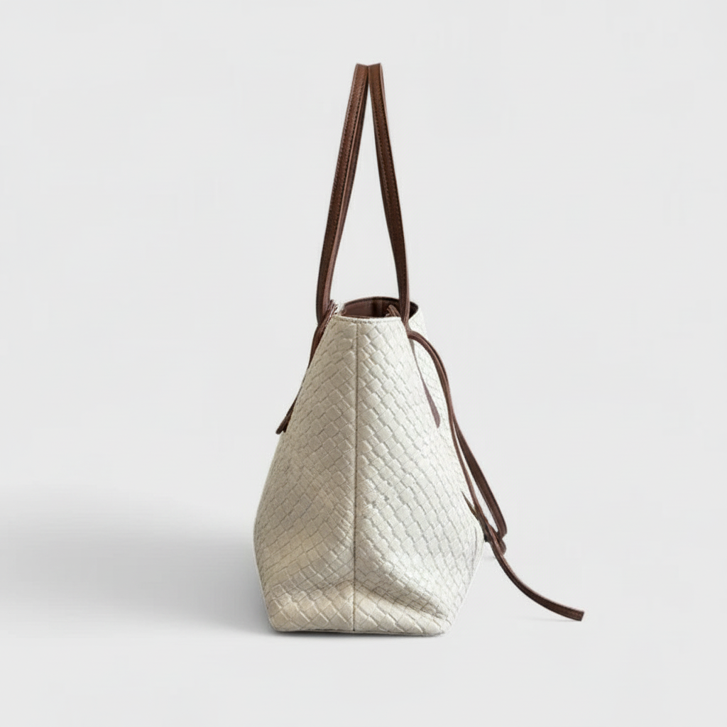 White woven tote side view