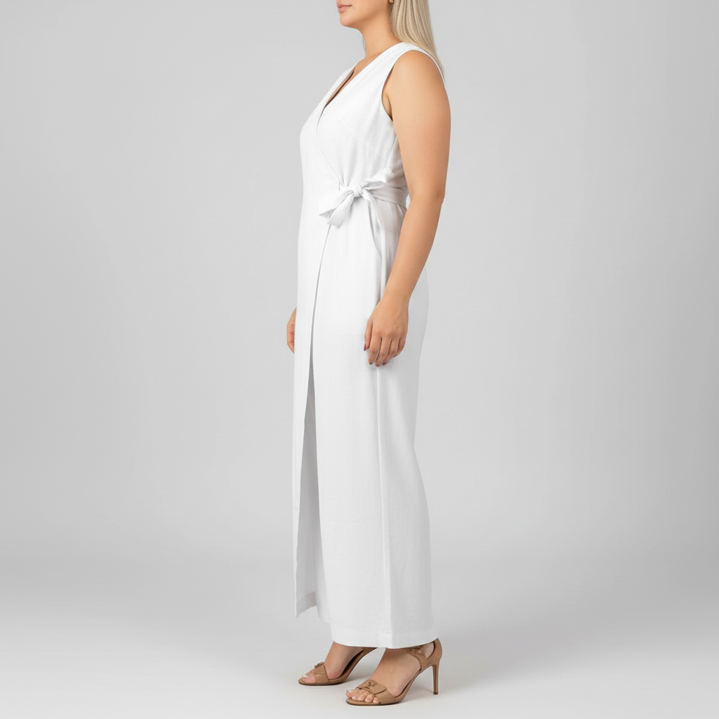 White wrap jumpsuit studio shot - side view