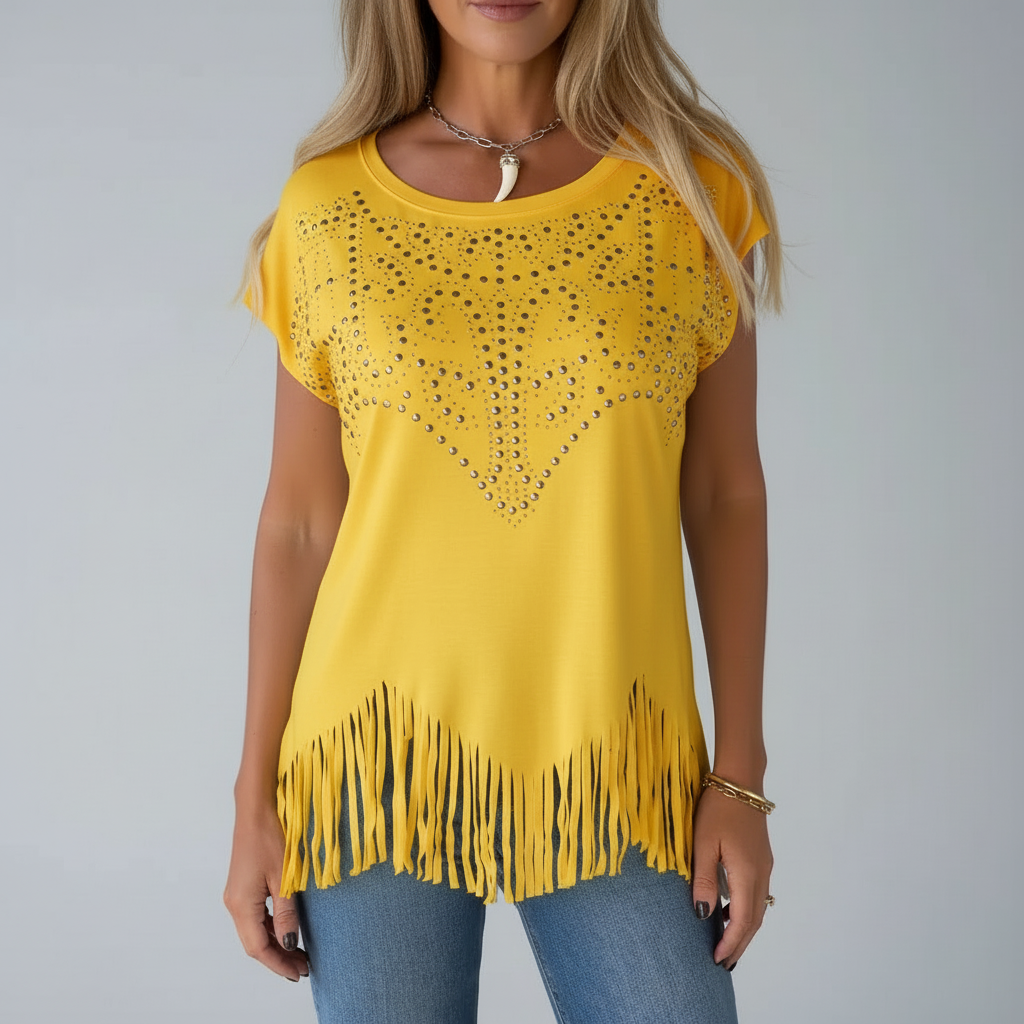 Yellow embellished fringe top studio shot - full view